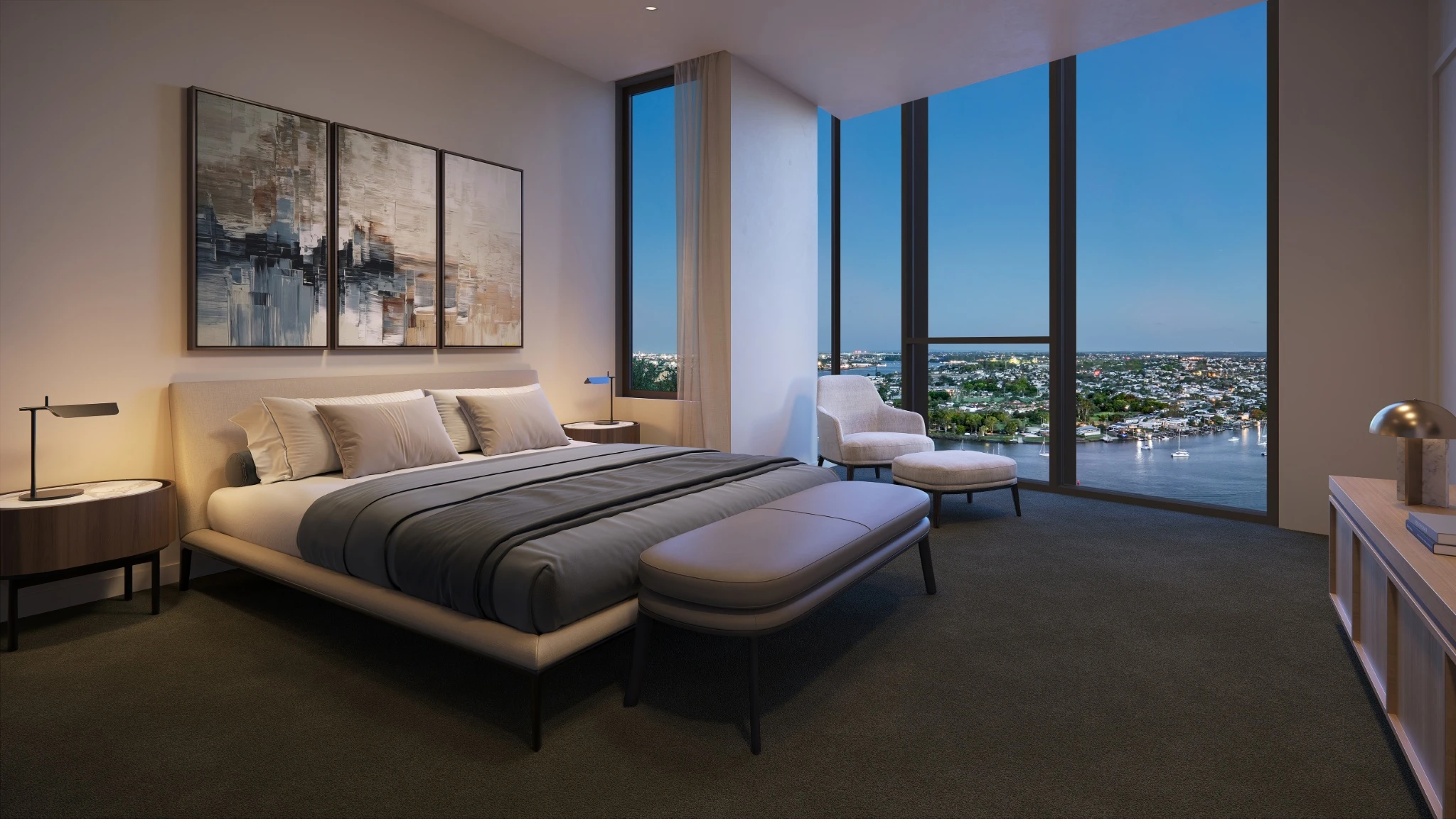 Luxury penthouse interior, Bedroom — Solais Newstead Brisbane