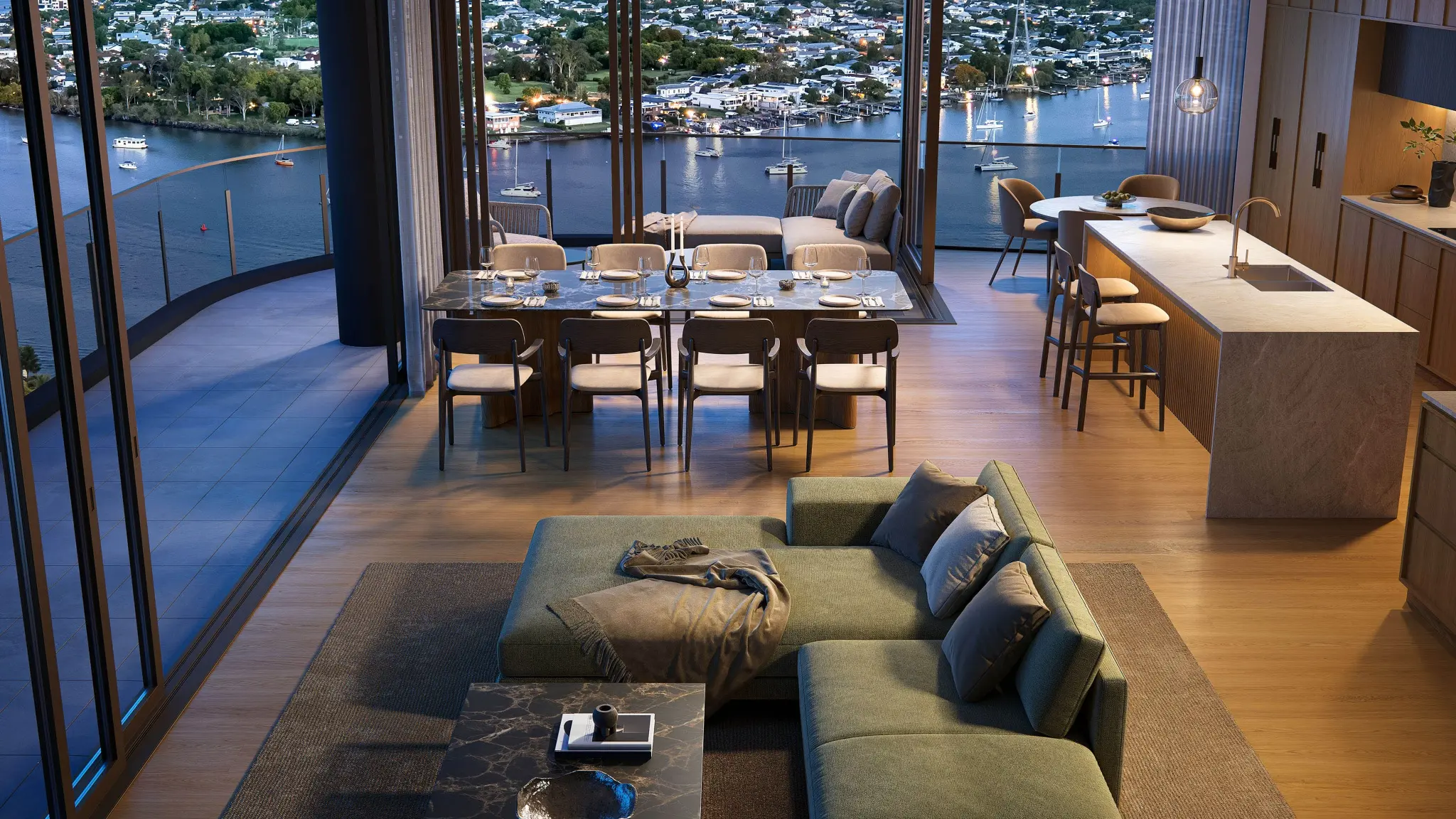 2 bedroom luxury residence interior, Lounge — Solais Newstead Brisbane